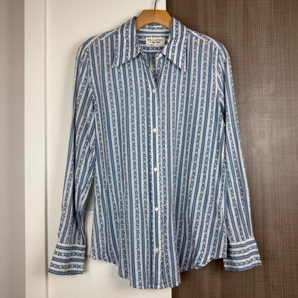 Nili Lotan Blue White Floral Striped Kate Button Down Shirt Blouse Womens Medium